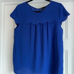 Gibson Blue Ruffled Cap Sleeve Blouse with Peter Pan Collar
